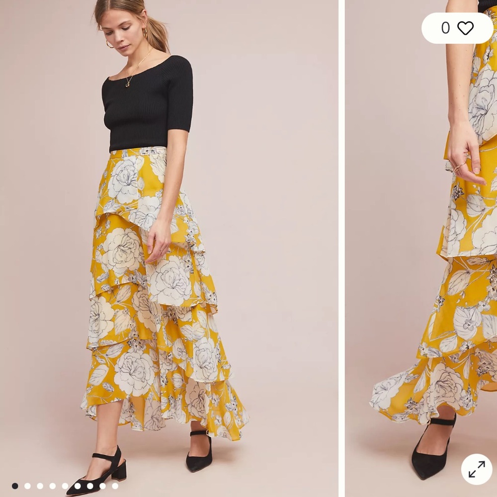 Anthropologie Skirt Women's Sz 2 Mosier Tiered Maxi Yellow Floral Ruffle Long